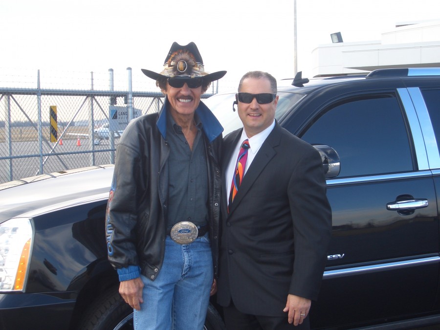 Richard Childress with Jeff, riding in our black Cadillac SUV! Prestige Limousine will drive you anywhere and get you there in time and in style!